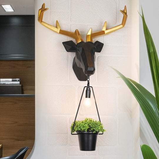 Country Black Resin Sconce Light Fixture - 1 Exposed Bulb Wall Lamp With Deer Backplate Indoor Use