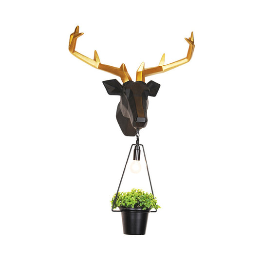 Country Black Resin Sconce Light Fixture - 1 Exposed Bulb Wall Lamp With Deer Backplate Indoor Use