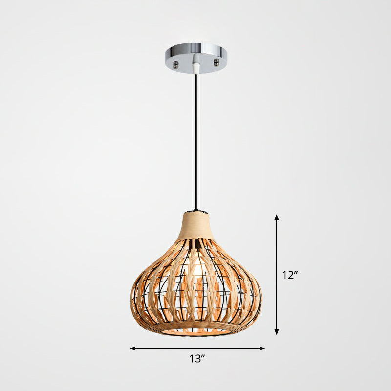 Rustic Bamboo Pendant Light: Pear-Shaped Suspended Lighting For Restaurant Wood Finish