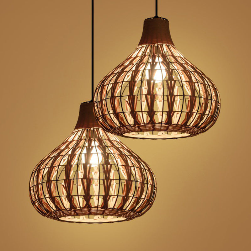 Rustic Bamboo Pendant Light: Pear-Shaped Suspended Lighting For Restaurant Wood Finish