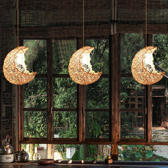 Modern Rattan Pendant Light - Crescent Shape 1 Head Wood Hanging For Restaurants