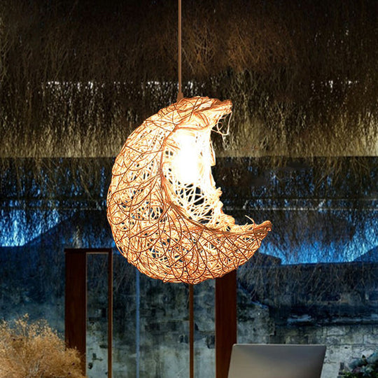 Modern Rattan Pendant Light - Crescent Shape 1 Head Wood Hanging For Restaurants