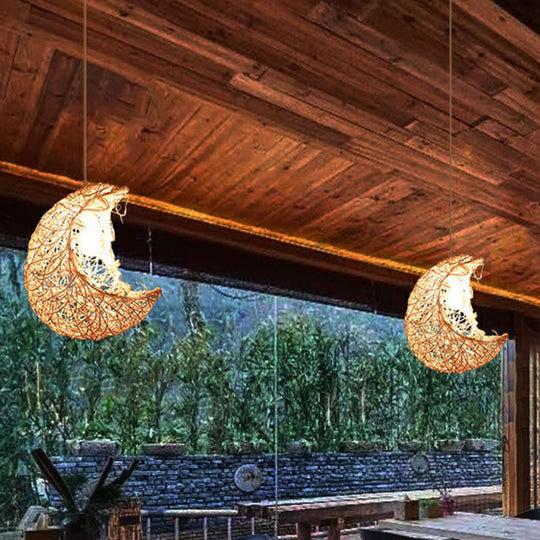 Modern Rattan Pendant Light - Crescent Shape 1 Head Wood Hanging For Restaurants