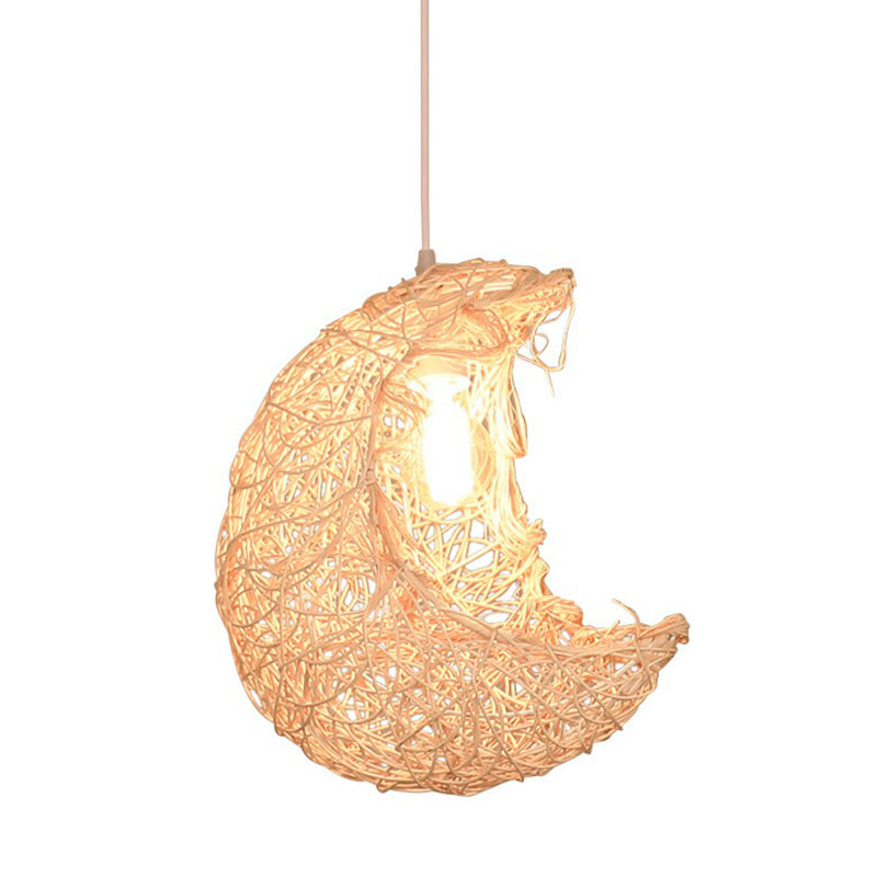 Modern Rattan Pendant Light - Crescent Shape 1 Head Wood Hanging For Restaurants