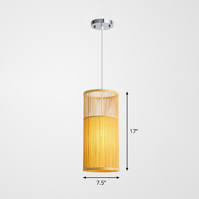 Bamboo Pendant Ceiling Light With Wood Cylindrical Pendulum - Asian Style Single Bulb Ideal For