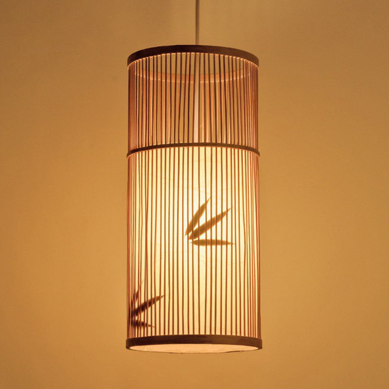 Bamboo Pendant Ceiling Light With Wood Cylindrical Pendulum - Asian Style Single Bulb Ideal For