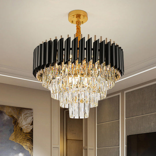 Lustre suspendu en cristal moderne avec plusieurs lumières et abat-jour noir - Kit d'éclairage suspendu circulaire