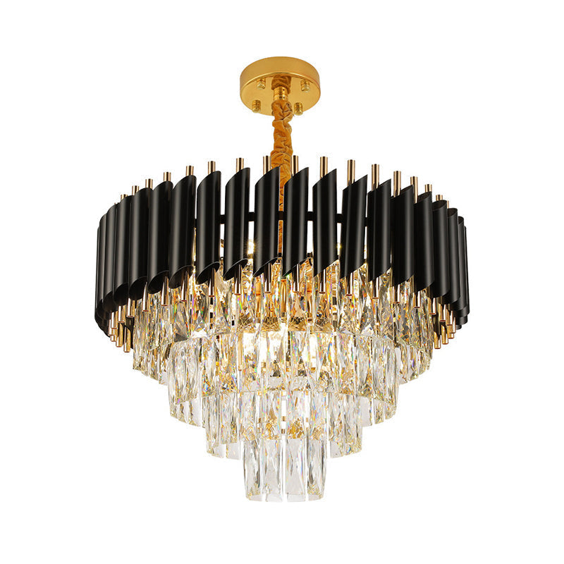 Lustre suspendu en cristal moderne avec plusieurs lumières et abat-jour noir - Kit d'éclairage suspendu circulaire