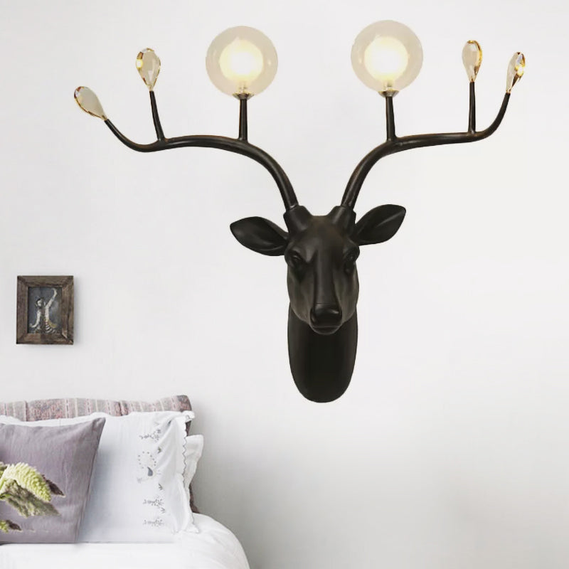 Rustic Resin Sconce Light With Deer Deco - Wall Mounted Lamp For Living Room 2 Lights Black/White