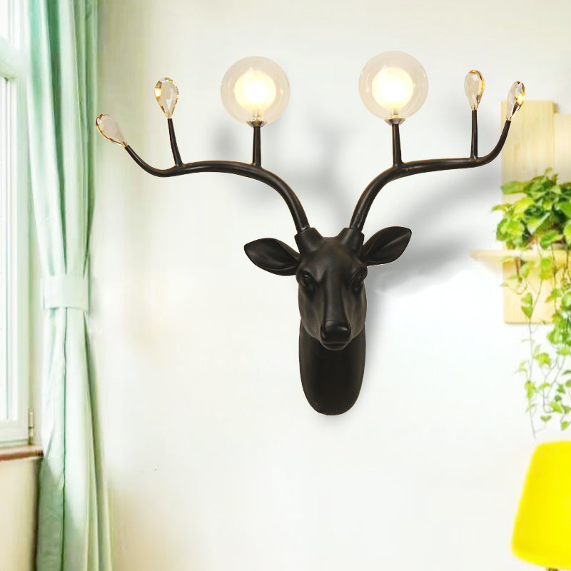 Rustic Resin Sconce Light With Deer Deco - Wall Mounted Lamp For Living Room 2 Lights Black/White