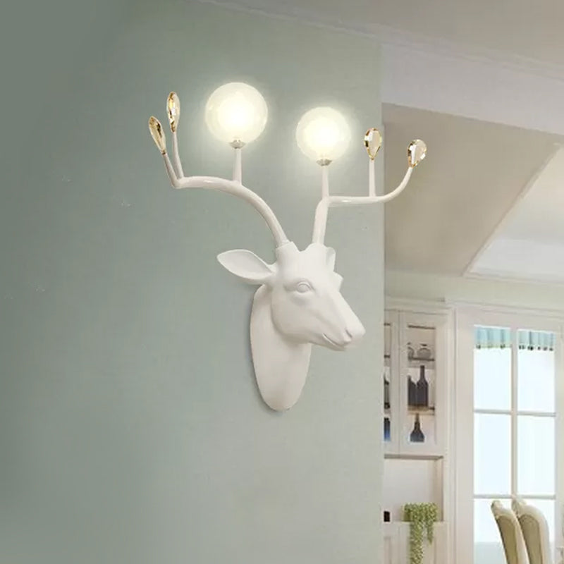 Rustic Resin Sconce Light With Deer Deco - Wall Mounted Lamp For Living Room 2 Lights Black/White