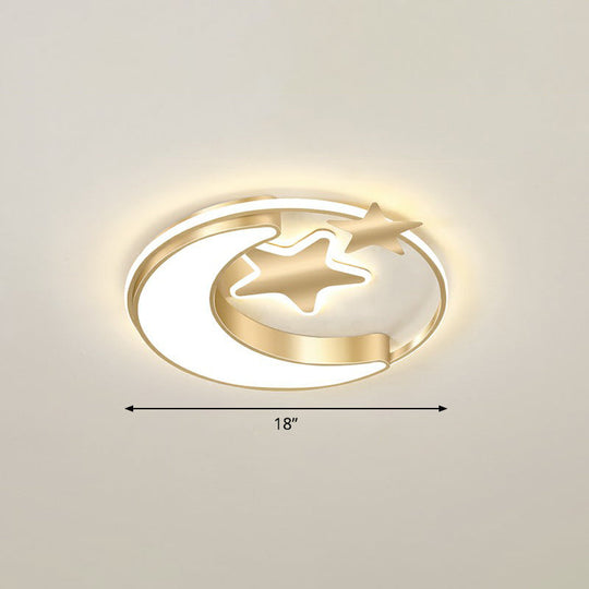 Stylish Kids Crescent and Star Metal Ceiling Light Fixture for Bedroom - Flush Mount Lamp with Ring