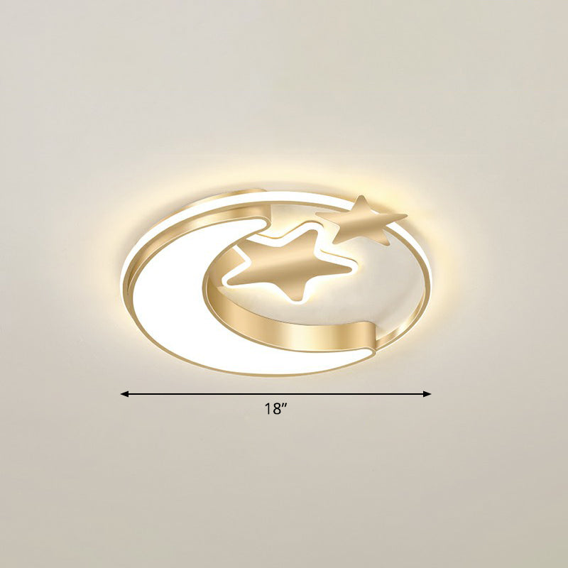 Stylish Kids Crescent And Star Metal Ceiling Light Fixture For Bedroom - Flush Mount Lamp With Ring