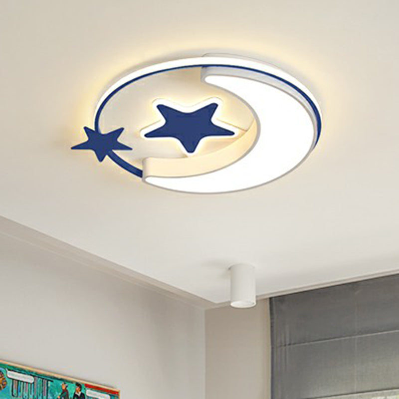 Stylish Kids Crescent and Star Metal Ceiling Light Fixture for Bedroom - Flush Mount Lamp with Ring