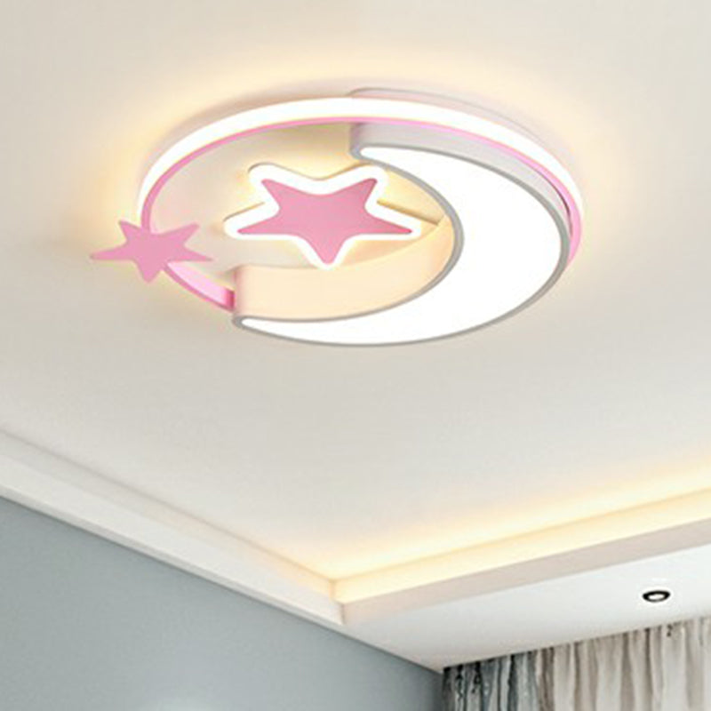 Stylish Kids Crescent and Star Metal Ceiling Light Fixture for Bedroom - Flush Mount Lamp with Ring