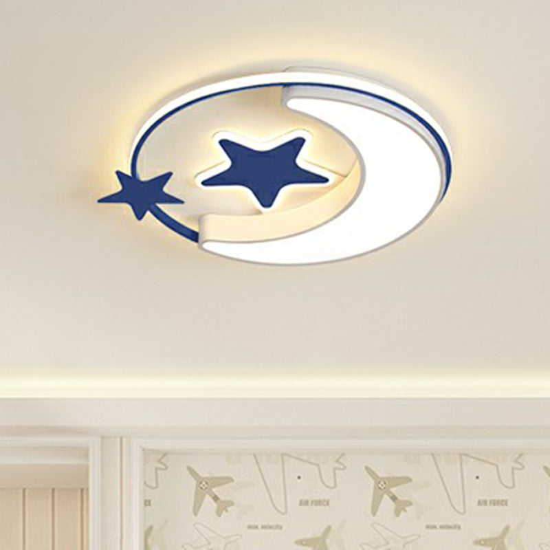 Stylish Kids Crescent and Star Metal Ceiling Light Fixture for Bedroom - Flush Mount Lamp with Ring