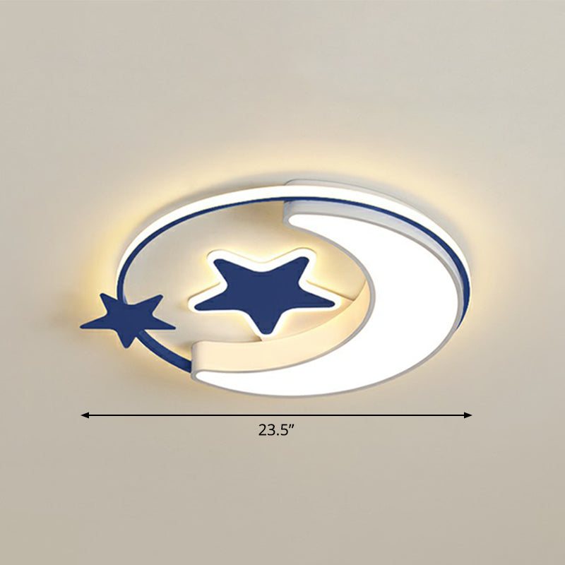 Stylish Kids Crescent and Star Metal Ceiling Light Fixture for Bedroom - Flush Mount Lamp with Ring