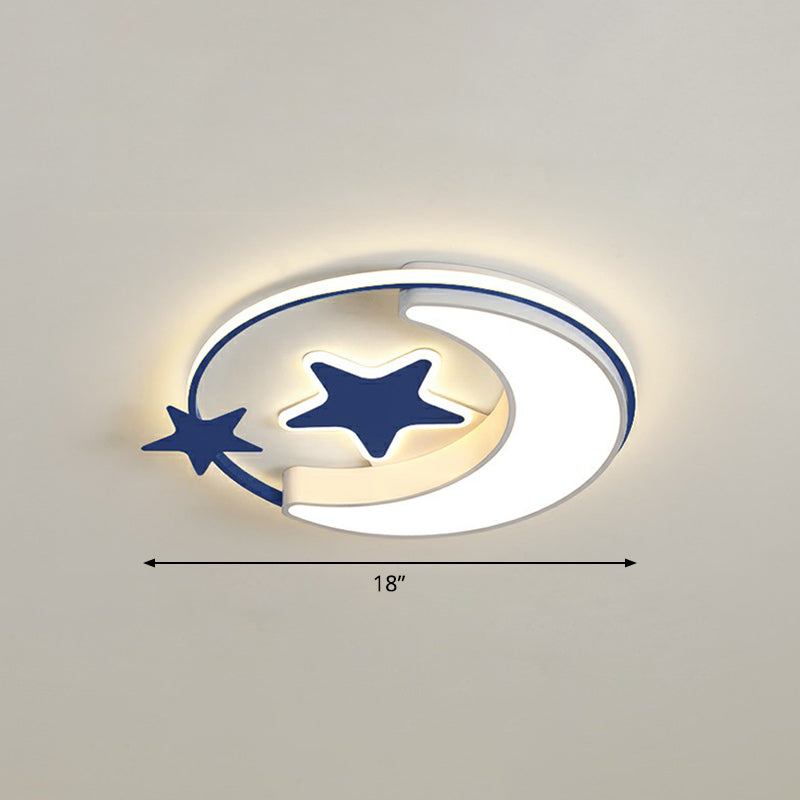 Stylish Kids Crescent and Star Metal Ceiling Light Fixture for Bedroom - Flush Mount Lamp with Ring