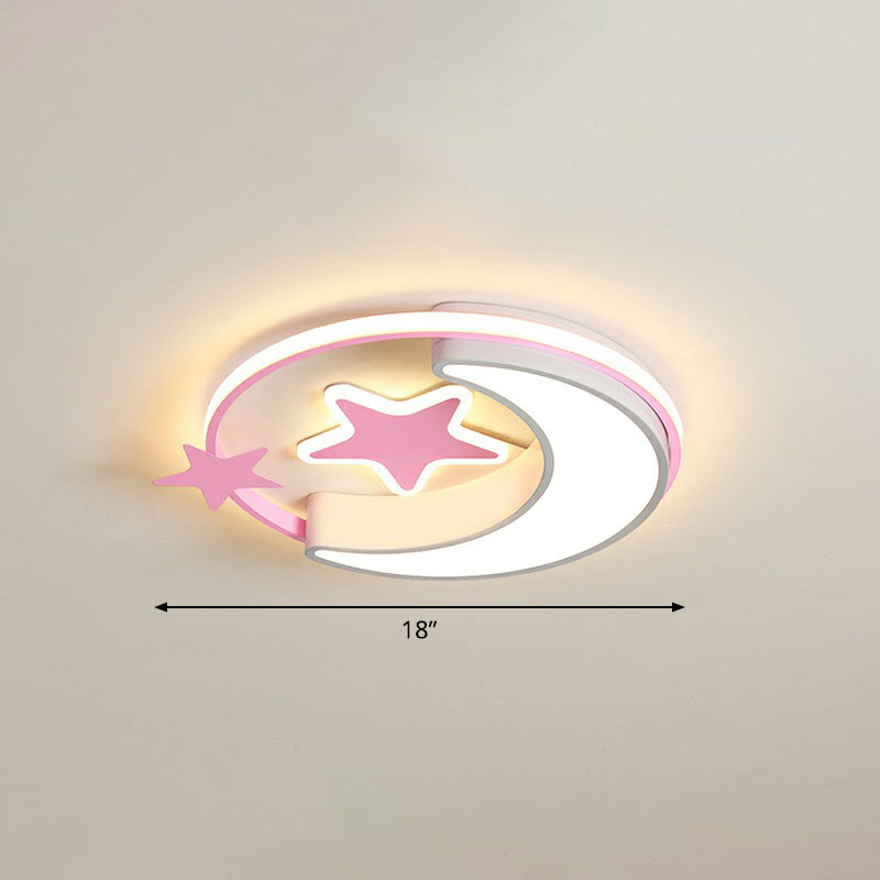 Stylish Kids Crescent and Star Metal Ceiling Light Fixture for Bedroom - Flush Mount Lamp with Ring