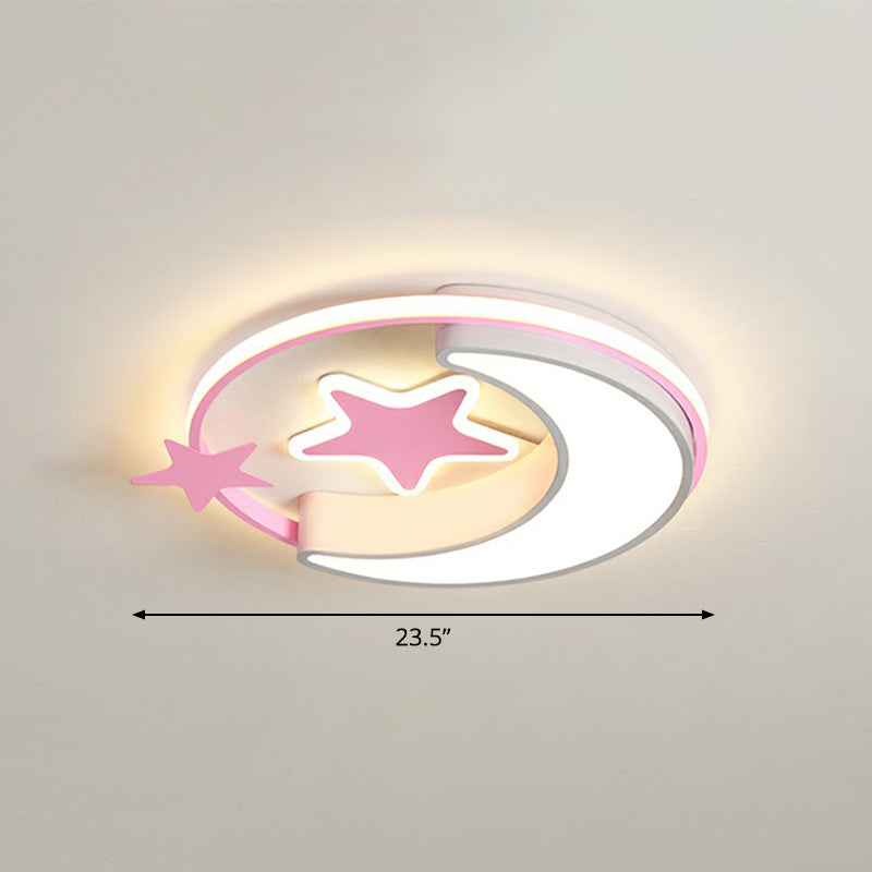 Stylish Kids Crescent and Star Metal Ceiling Light Fixture for Bedroom - Flush Mount Lamp with Ring