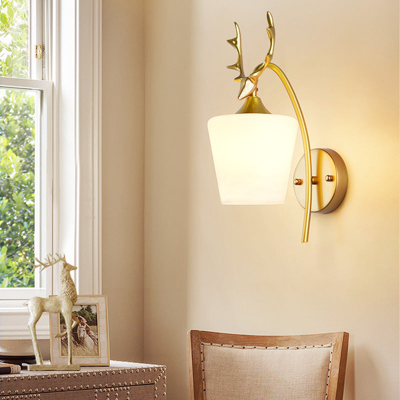 Metal Wall Lighting Country Black/Gold Antler Sconce Light - Frosted Glass Shade