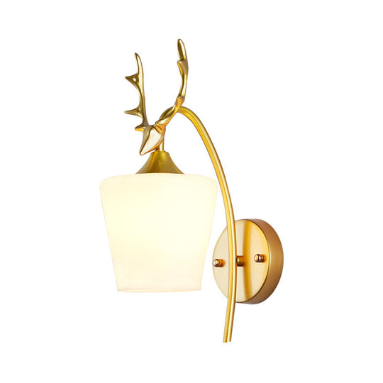 Metal Wall Lighting Country Black/Gold Antler Sconce Light - Frosted Glass Shade