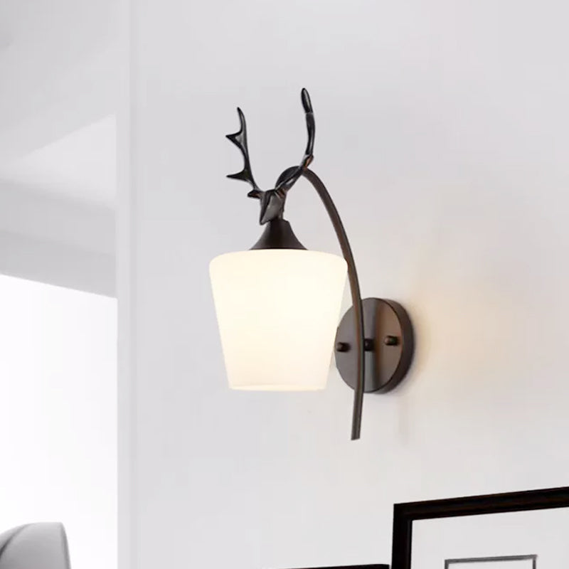 Metal Wall Lighting Country Black/Gold Antler Sconce Light - Frosted Glass Shade Black