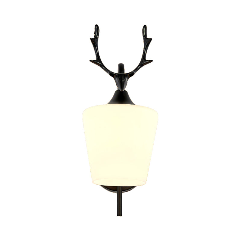 Metal Wall Lighting Country Black/Gold Antler Sconce Light - Frosted Glass Shade