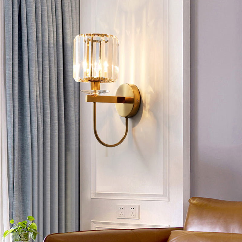 Postmodern Gold Cylindrical Crystal Wall Sconce With Curved Arm