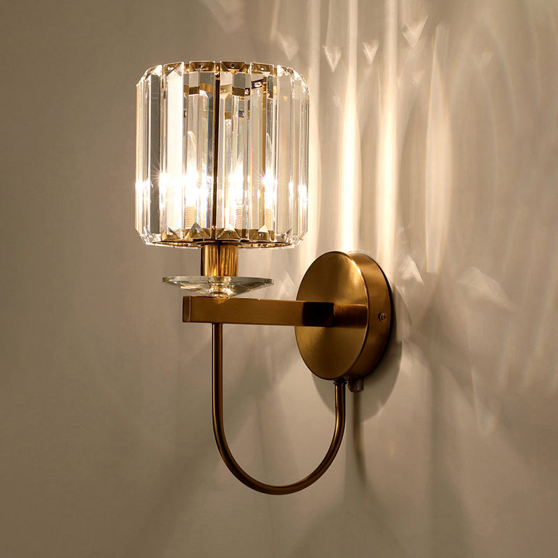 Postmodern Gold Cylindrical Crystal Wall Sconce With Curved Arm