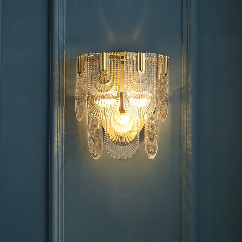 Modern Carved Glass 3-Light Gold Wall Sconce: 2-Layer Wall-Mounted Lamp For Living Room