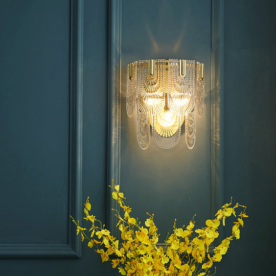 Modern Carved Glass 3-Light Gold Wall Sconce: 2-Layer Wall-Mounted Lamp For Living Room