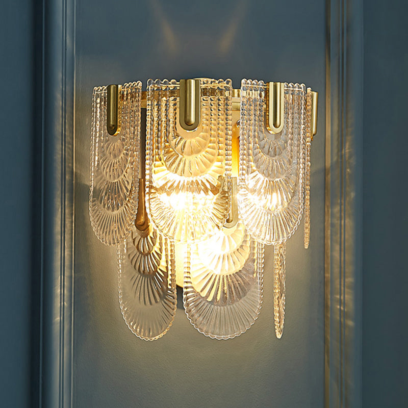 Modern Carved Glass 3-Light Gold Wall Sconce: 2-Layer Wall-Mounted Lamp For Living Room