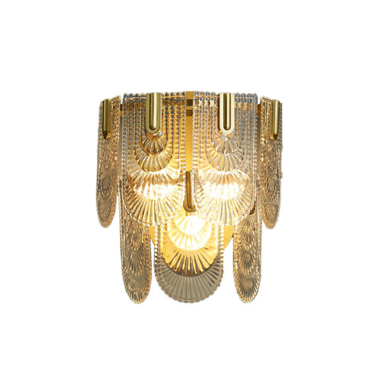 Modern Carved Glass 3-Light Gold Wall Sconce: 2-Layer Wall-Mounted Lamp For Living Room