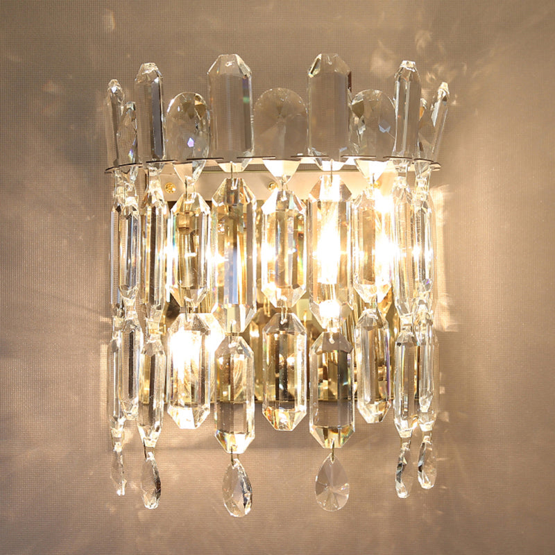 Crystal Rod Wall Sconce With Minimalist Crown Design - 2 Bulb Bedroom Light Fixture