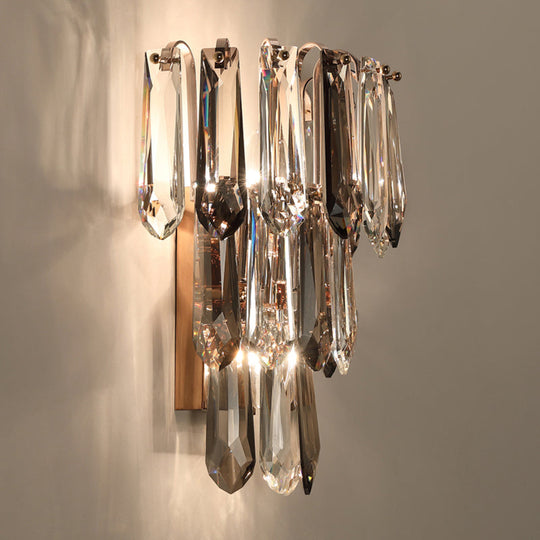 Simplicity 3-Head Wall Mount Sconce Light For Hallway - Clear And Smoke Crystal Tiers