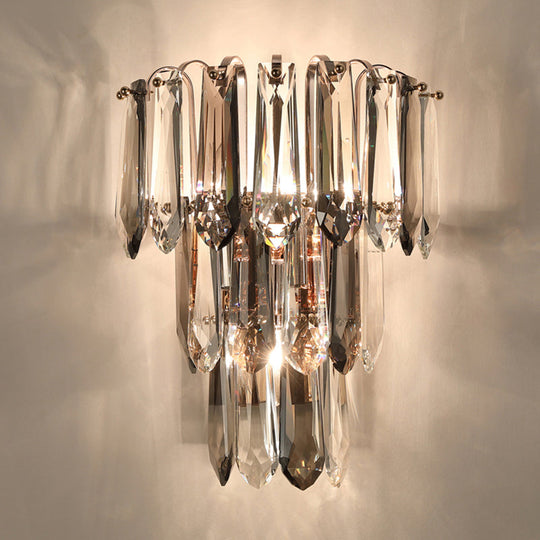 Simplicity 3-Head Wall Mount Sconce Light For Hallway - Clear And Smoke Crystal Tiers