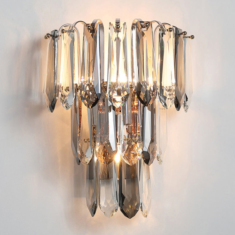 Simplicity 3-Head Wall Mount Sconce Light For Hallway - Clear And Smoke Crystal Tiers