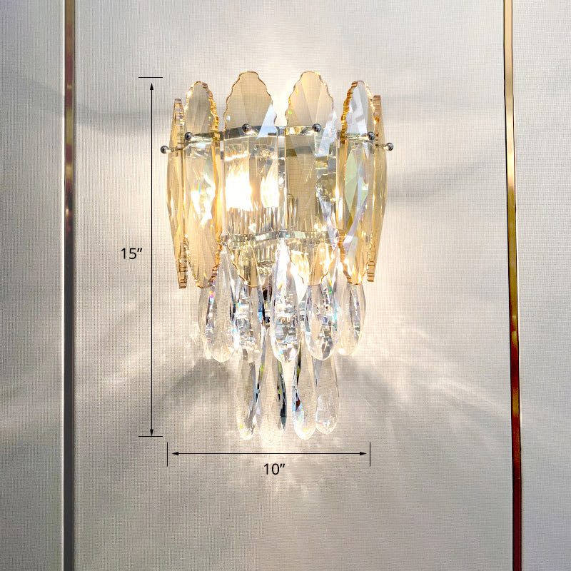 Modern Crystal Droplet Foyer Sconce Light - Layered Wall Lighting Fixture 2 Heads Champagne