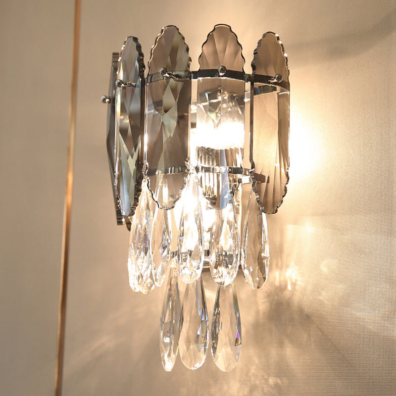 Modern Crystal Droplet Foyer Sconce Light - Layered Wall Lighting Fixture 2 Heads