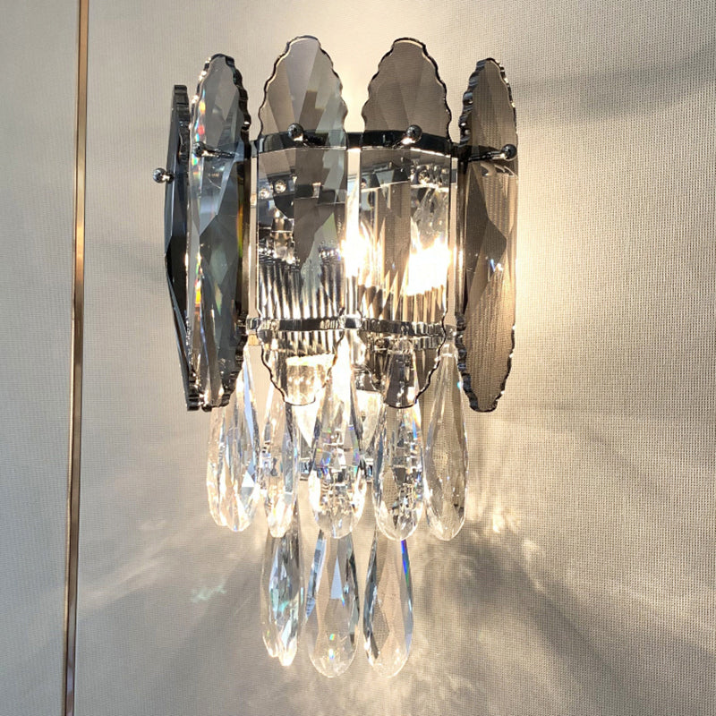 Modern Crystal Droplet Foyer Sconce Light - Layered Wall Lighting Fixture 2 Heads