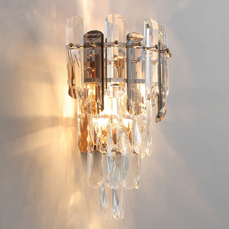 Modern 4-Tiered Crystal Wall Sconce With Beveled And 2-Bulb Light Fixture For Restaurants