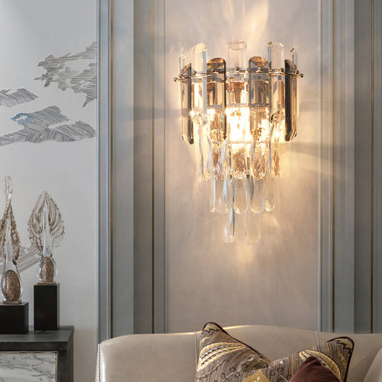 Modern 4-Tiered Crystal Wall Sconce With Beveled And 2-Bulb Light Fixture For Restaurants