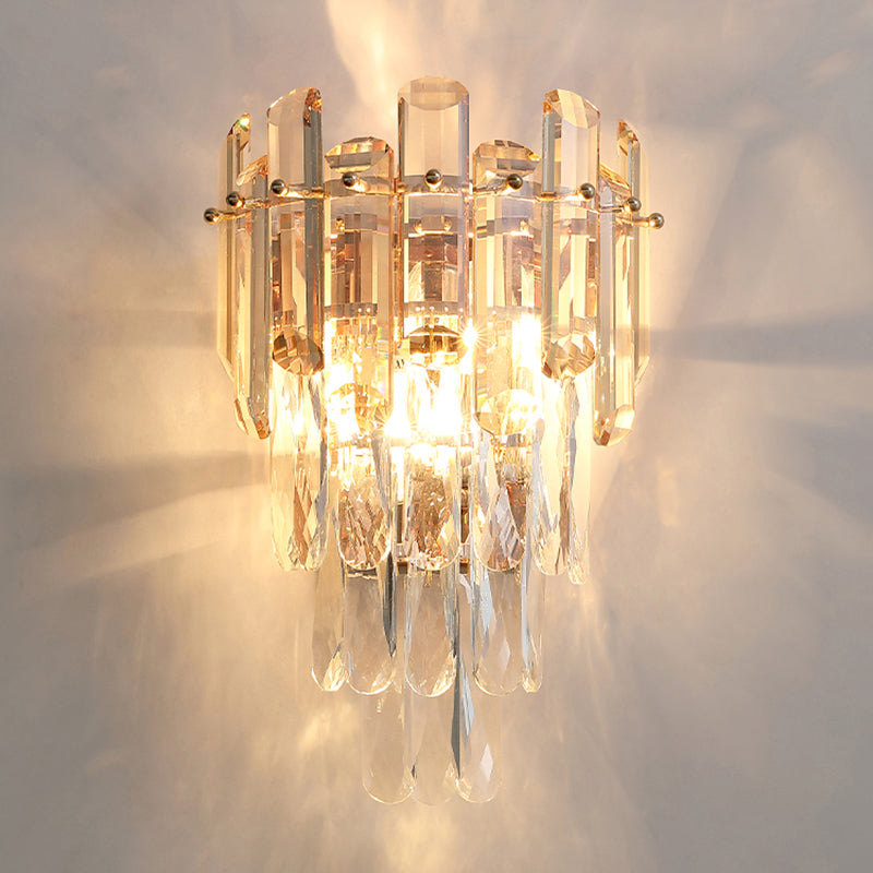 Modern 4-Tiered Crystal Wall Sconce With Beveled And 2-Bulb Light Fixture For Restaurants