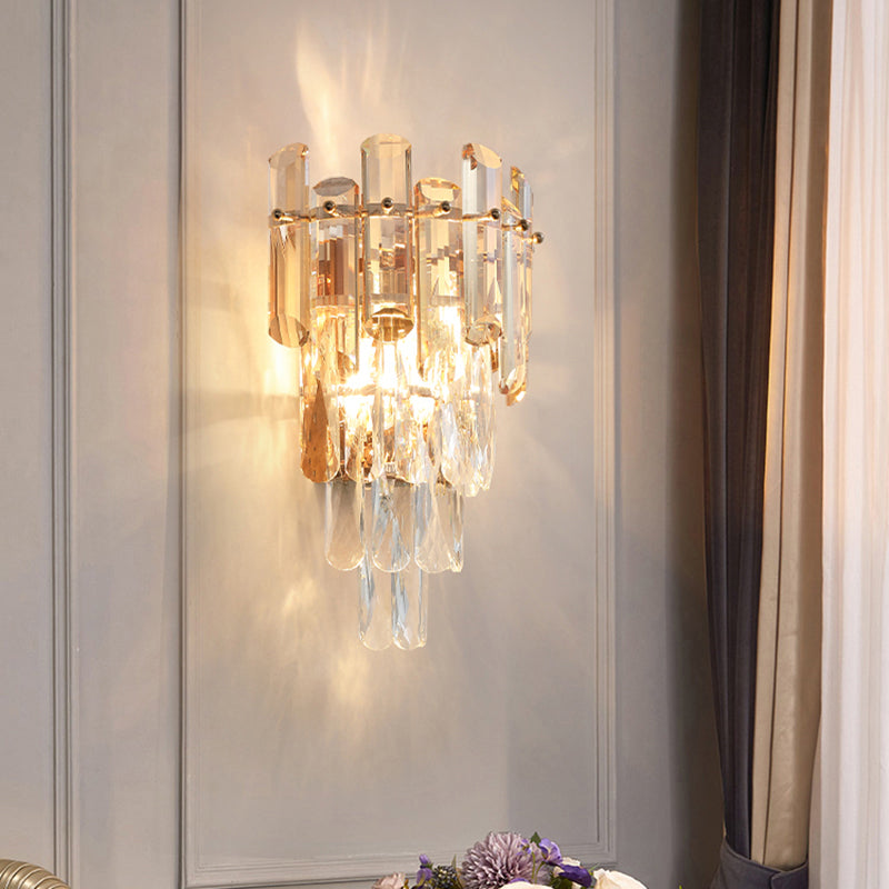 Modern 4-Tiered Crystal Wall Sconce With Beveled And 2-Bulb Light Fixture For Restaurants