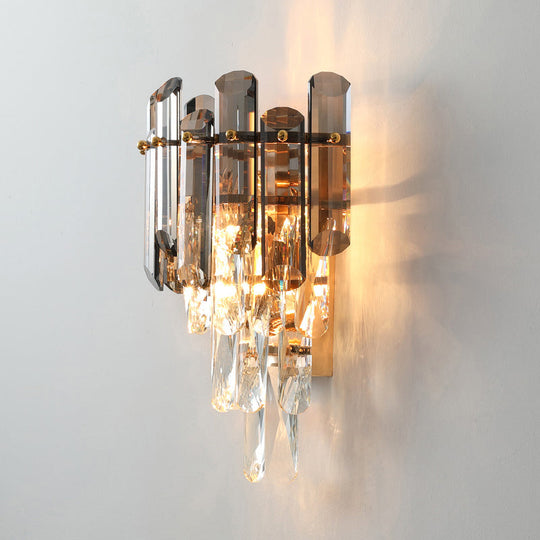 Contemporary Wall Sconce Lamp With Crystal Tiered Shade - 2-Light Bedroom Mounted Light