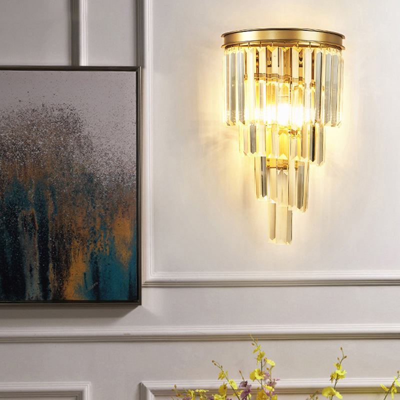 Gold Tiered Crystal Sconce: Minimalistic Wall Light For Living Room