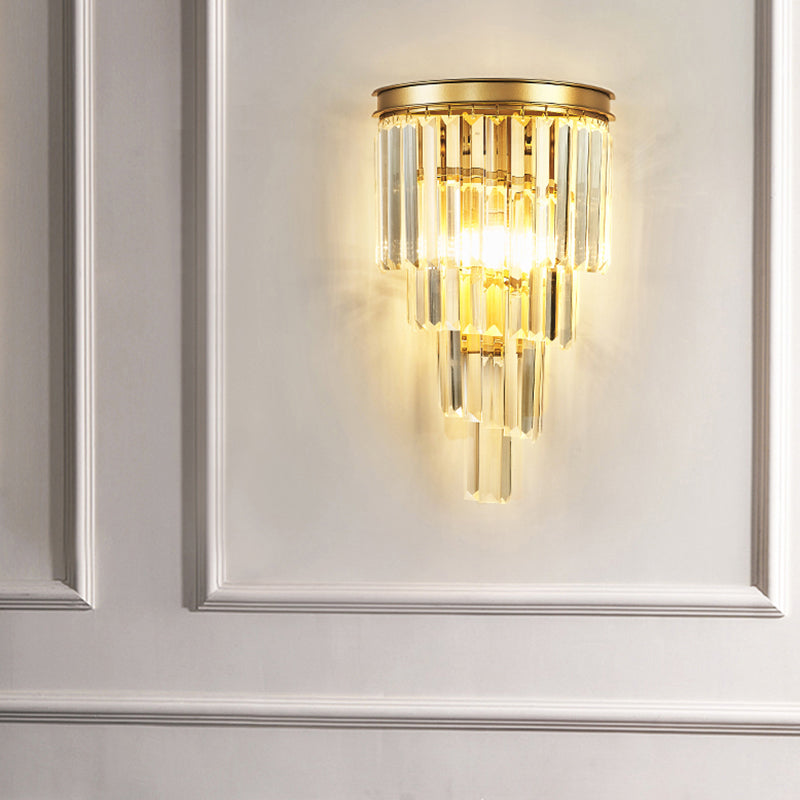 Gold Tiered Crystal Sconce: Minimalistic Wall Light For Living Room