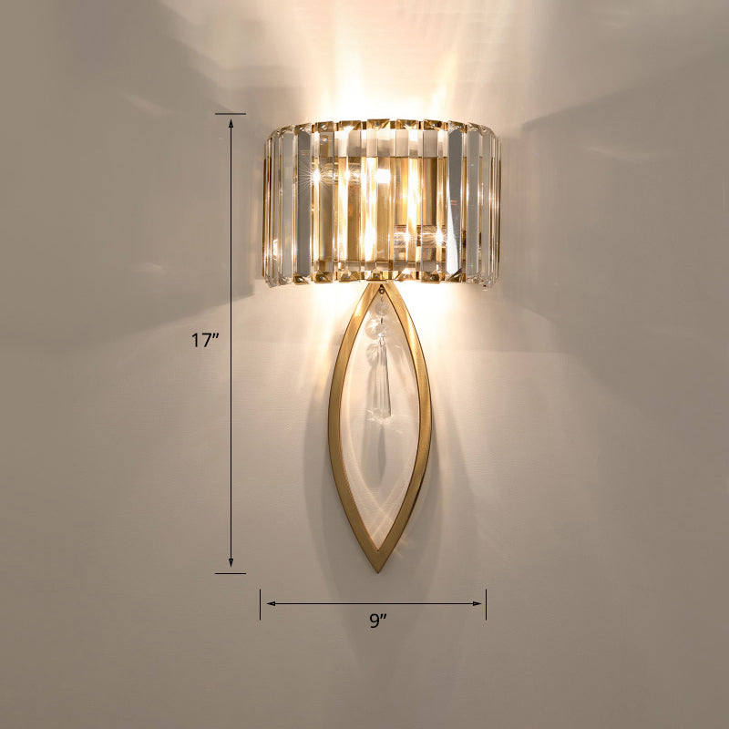 Modern 2-Bulb Gold Flush Mount Sconce With Prismatic Crystal For Aisle Lighting