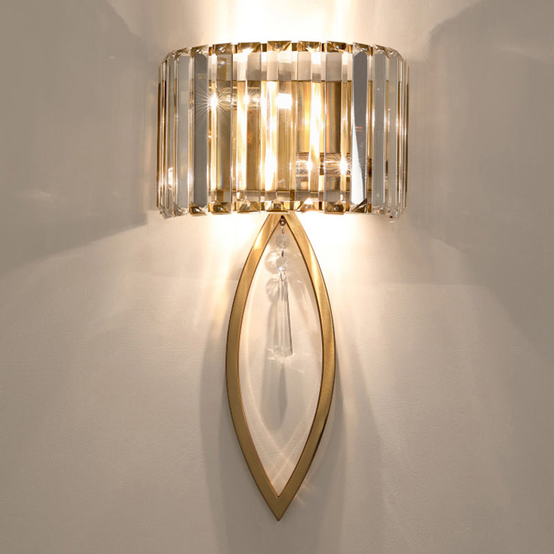 Modern 2-Bulb Gold Flush Mount Sconce With Prismatic Crystal For Aisle Lighting